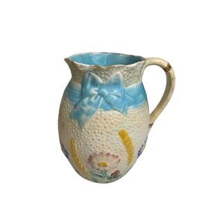 Antique Simon Fielding Majolica Pitcher Pottery Wildflower Blue Bow 6 Inch